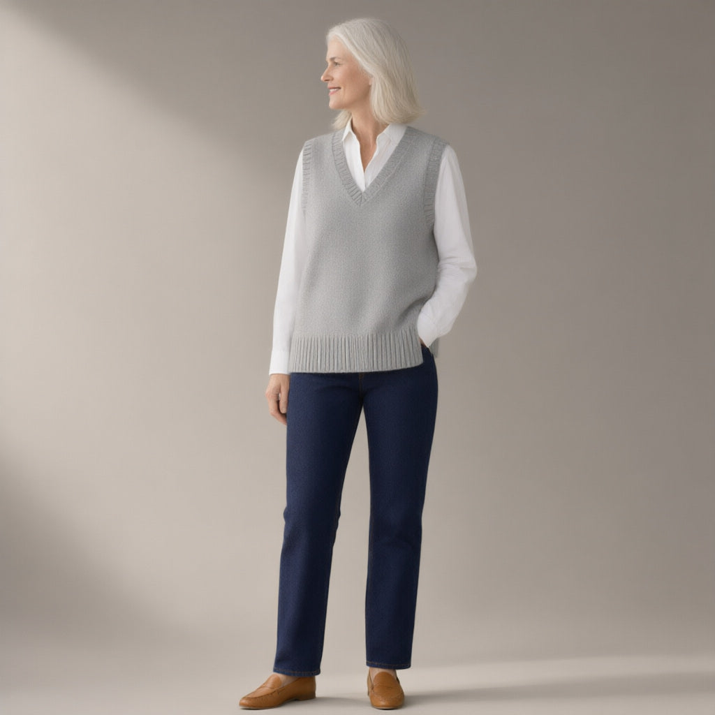 Woman wearing the knitted v-neck sweater vest, three-quarter view, studio