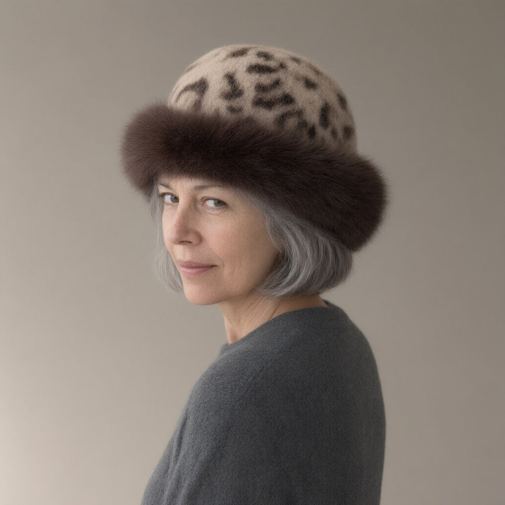 Woman wearing the faux fur trapper hat, leopard print, three-quarter view, studio
