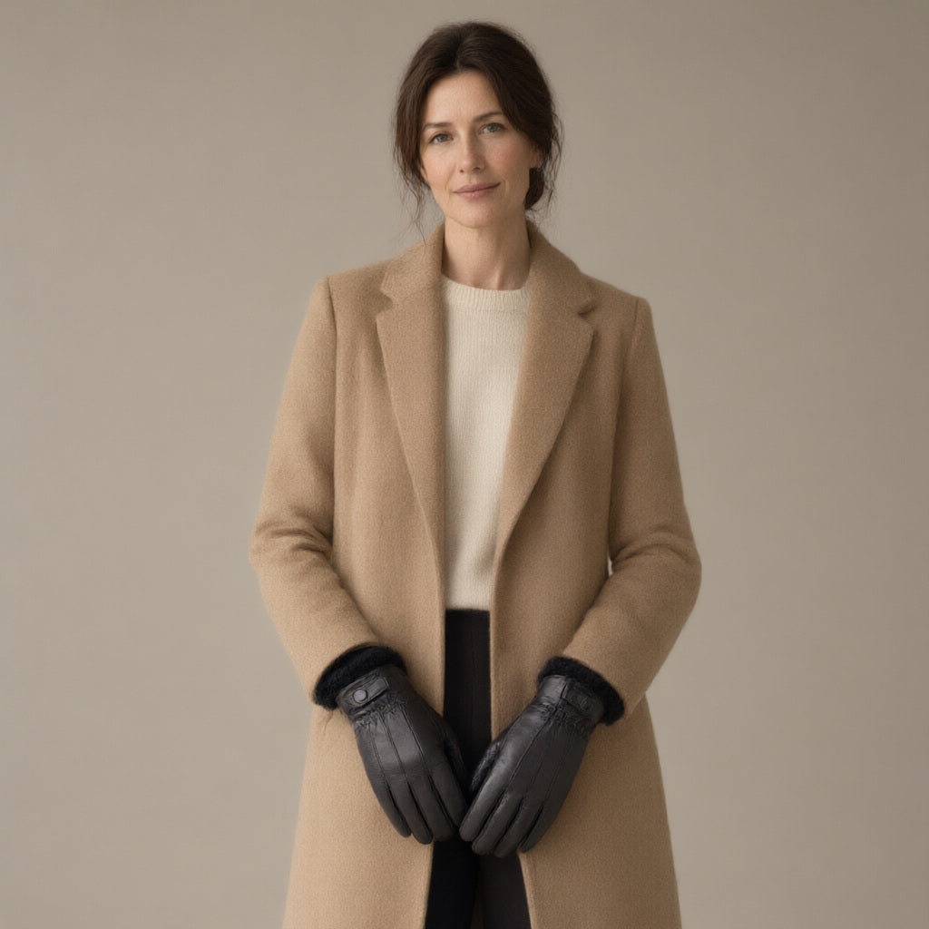 Woman in a camel coat wearing black goatskin leather gloves with finger seams and a snap wrist strap