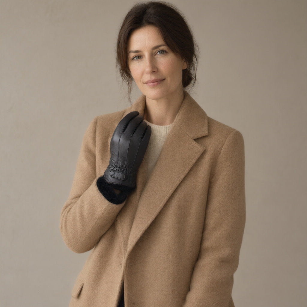 Woman in a camel coat with a gloved fist raised to her collar, black goatskin leather glove with seams, snap strap and fleece cuff