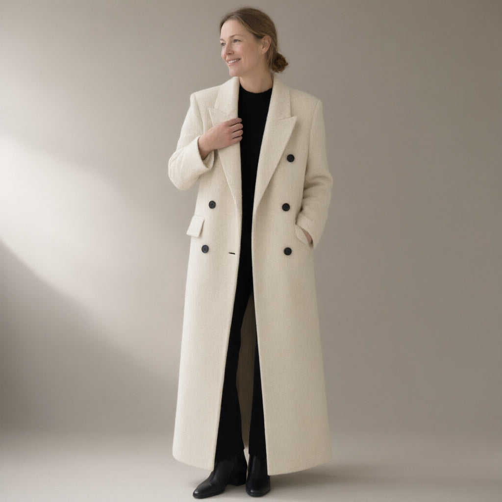 Woman wearing the long double-breasted wool coat, wide lapel, three-quarter view, studio