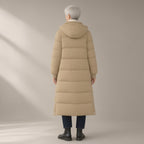 Woman seen from behind wearing the long hooded puffer coat, over the knee, back view