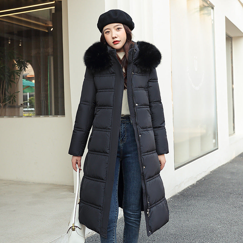 Women's Long Puffer Coat, Detachable Faux Fur Collar in black, front
