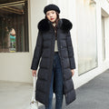 Women's Long Puffer Coat, Detachable Faux Fur Collar in black, front