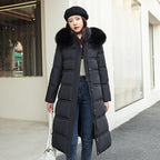 Women's Long Puffer Coat, Detachable Faux Fur Collar in black, front