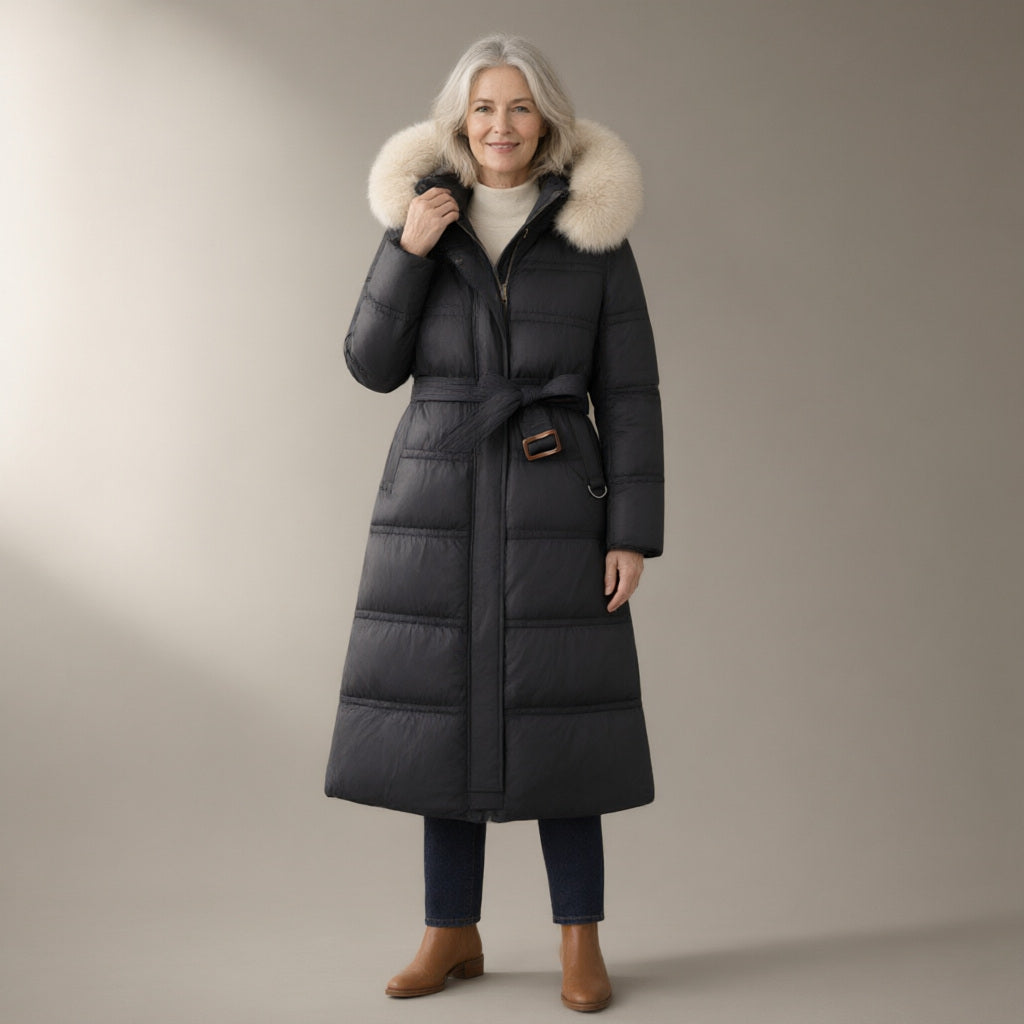 Woman wearing the long puffer coat, detachable faux fur collar, full length, studio