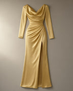 Women’s Long-Sleeve Satin Prom Dress, Wrap Slit – Gold, laid flat on a stone backdrop