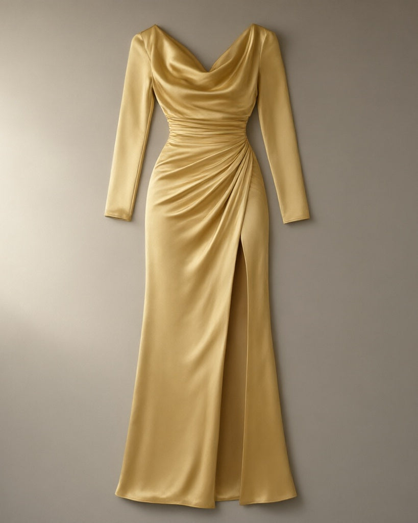 Women’s Long-Sleeve Satin Prom Dress, Wrap Slit – Gold, laid flat on a stone backdrop