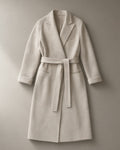 Women’s Longline Tie-Waist Wool Coat, Double-Faced, laid flat on a stone backdrop