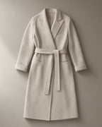 Women’s Longline Tie-Waist Wool Coat, Double-Faced, laid flat on a stone backdrop