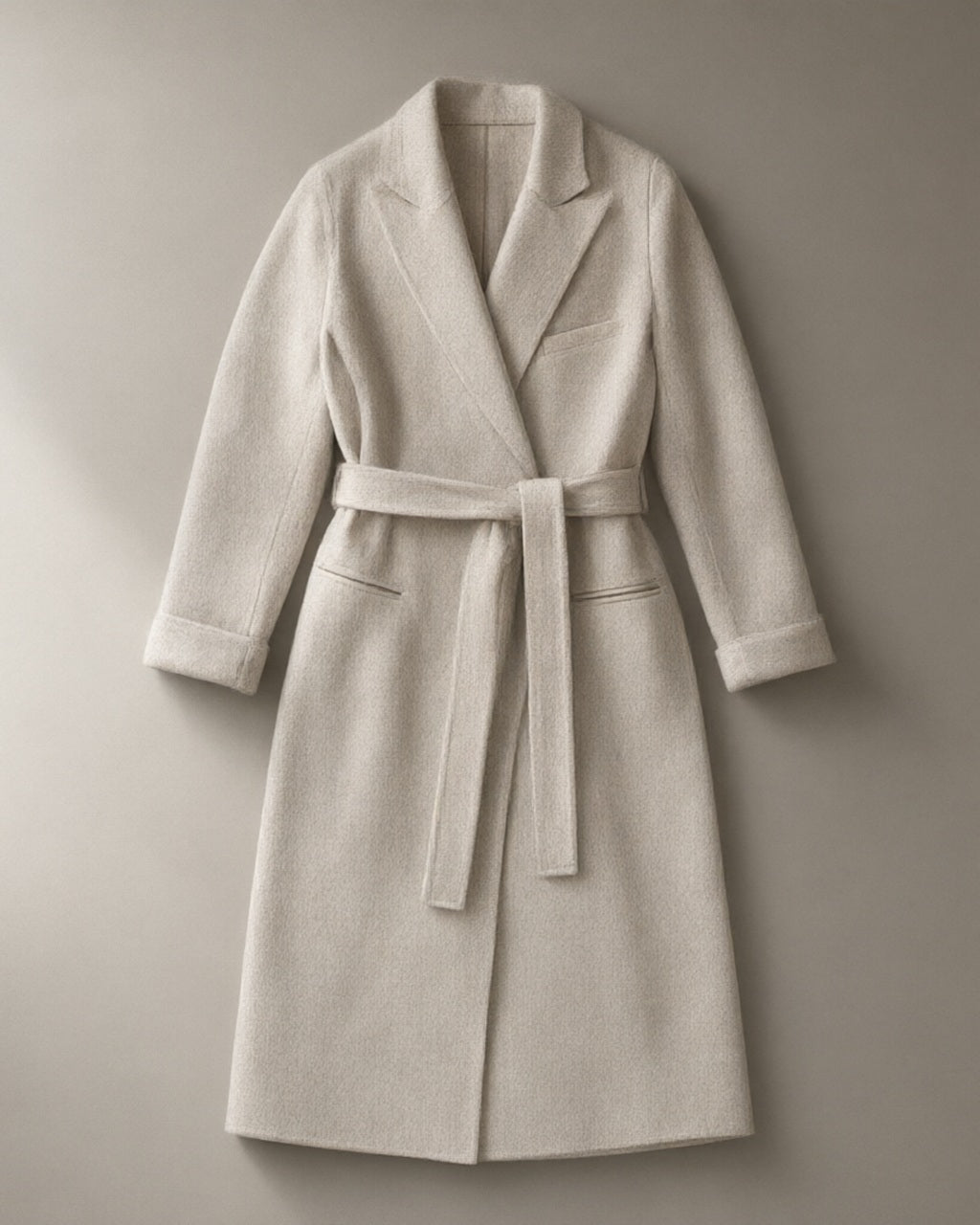 Women’s Longline Tie-Waist Wool Coat, Double-Faced, laid flat on a stone backdrop