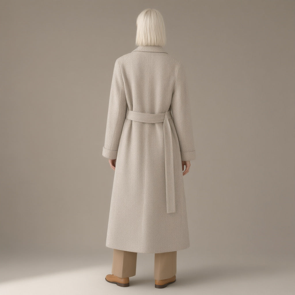 Woman seen from behind wearing the longline tie-waist wool coat, double-faced, back view