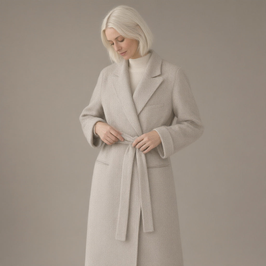 Woman wearing the longline tie-waist wool coat, double-faced, three-quarter view, studio