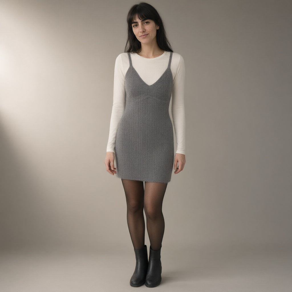Woman wearing the merino-blend knit camisole dress, full length, studio