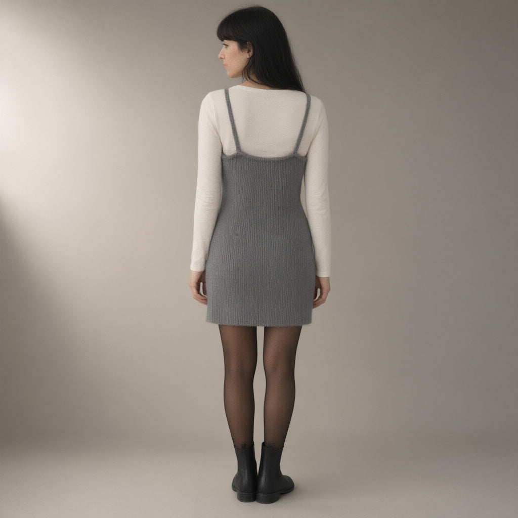 Woman seen from behind wearing the merino-blend knit camisole dress, back view