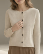 Women's Merino Wool Cardigan, Crew Neck, Oatmeal – close-up of the fabric