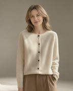 Women's Merino Wool Cardigan, Crew Neck, Oatmeal – front, studio