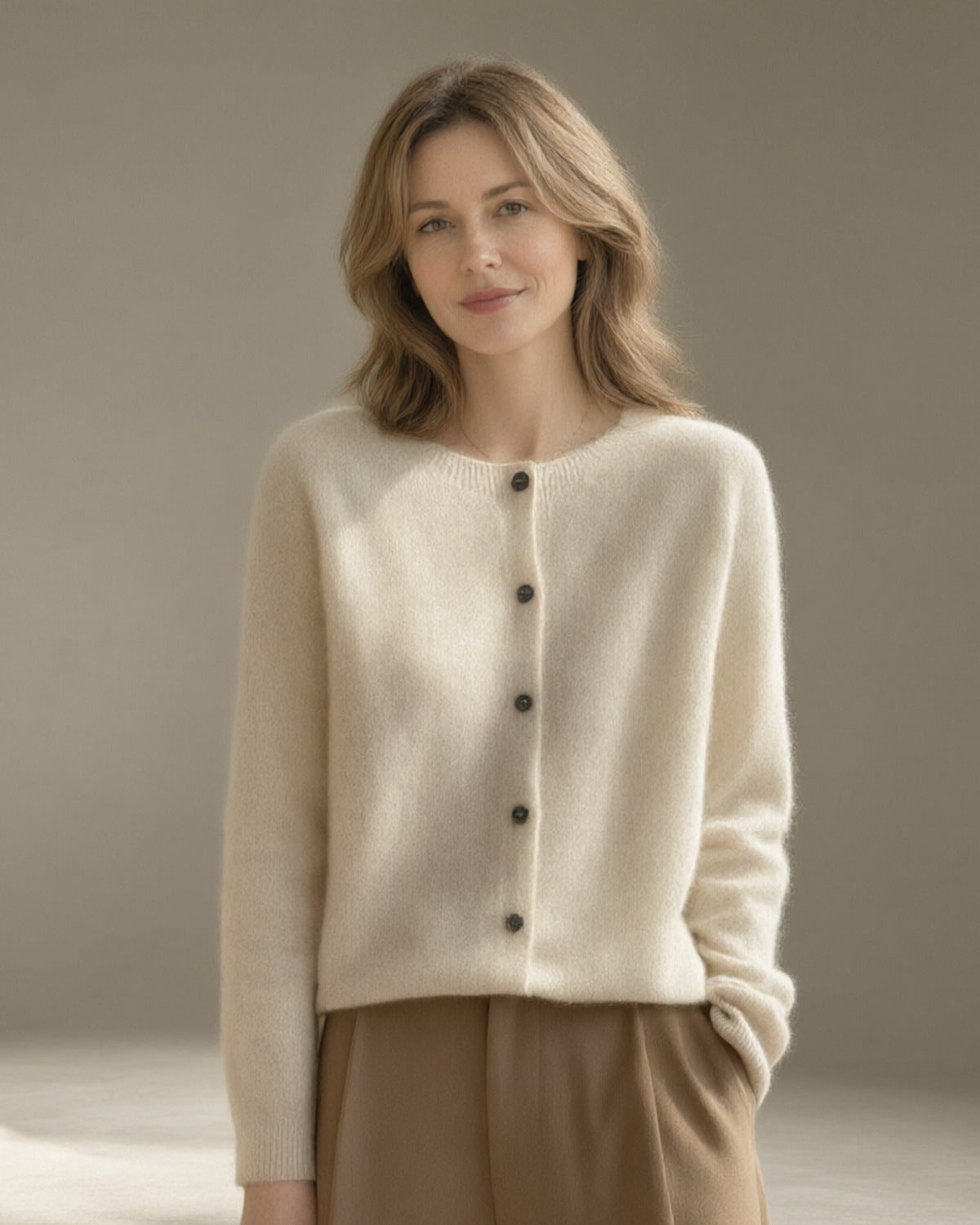 Women's Merino Wool Cardigan, Crew Neck, Oatmeal – front, studio