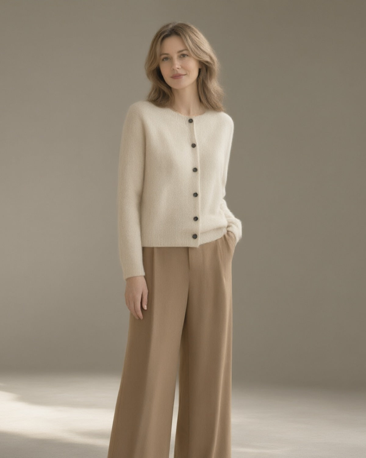 Women's Merino Wool Cardigan, Crew Neck, Oatmeal – three-quarter view