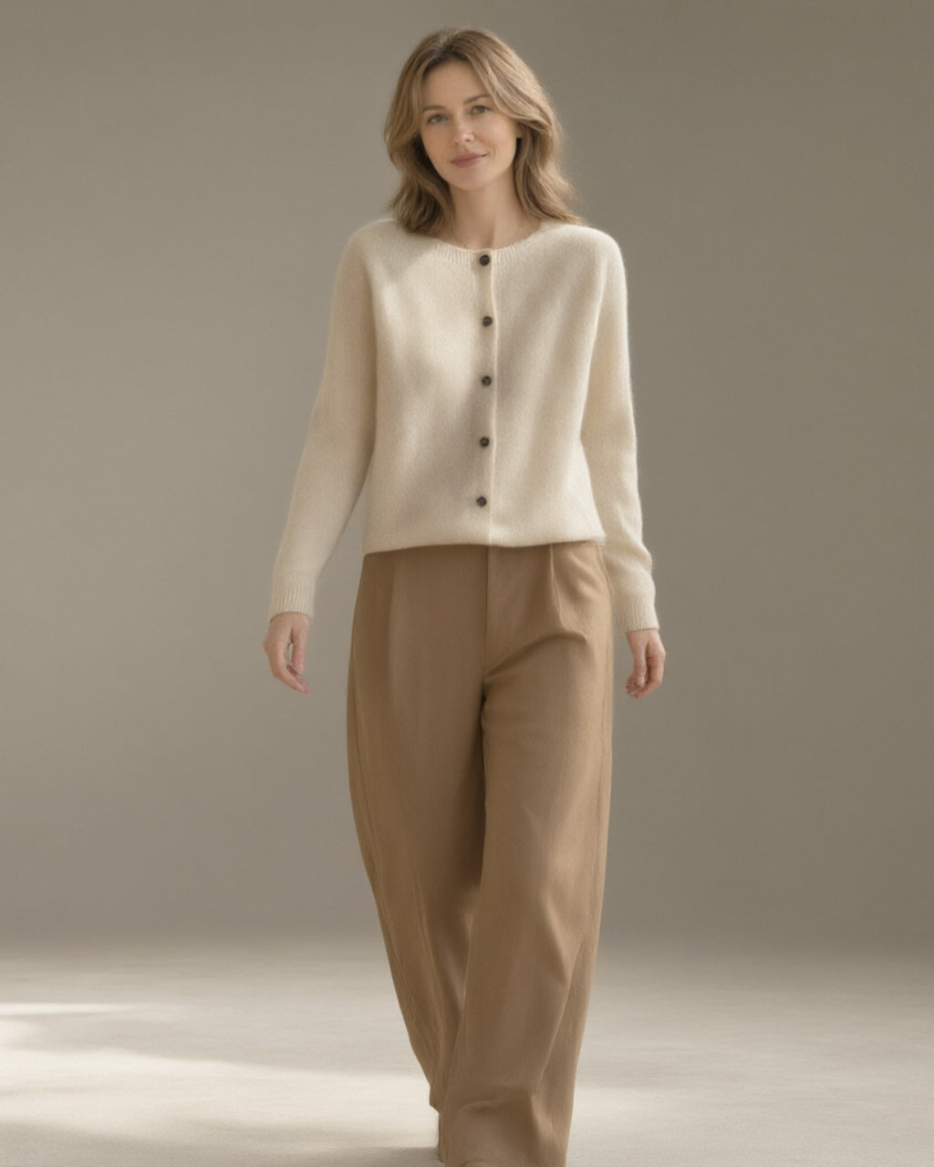 Women's Merino Wool Cardigan, Crew Neck, Oatmeal – walking, full length