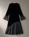Women’s Mesh Hem Velvet Midi Dress, Flared Sleeve – Black, laid flat on a stone backdrop