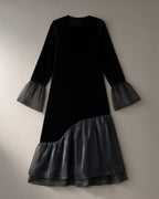 Women’s Mesh Hem Velvet Midi Dress, Flared Sleeve – Black, laid flat on a stone backdrop