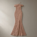 Women’s One-Shoulder Sequin Mermaid Evening Gown – Rose Gold, laid flat on a stone backdrop