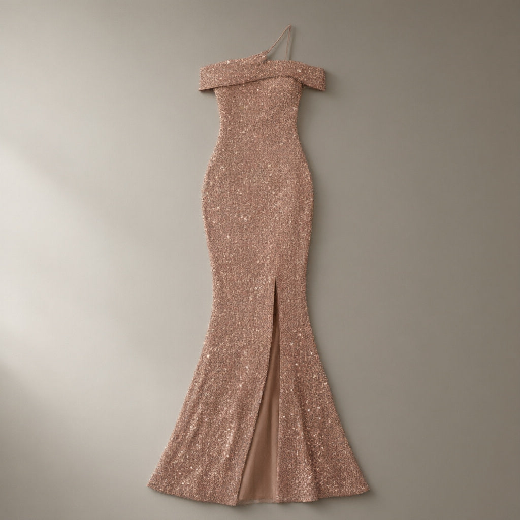 Women’s One-Shoulder Sequin Mermaid Evening Gown – Rose Gold, laid flat on a stone backdrop