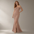Woman wearing the one-shoulder sequin mermaid evening gown – rose gold, full length, studio