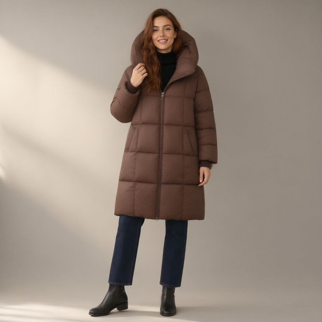 Woman wearing the over-the-knee hooded puffer coat, full length, studio