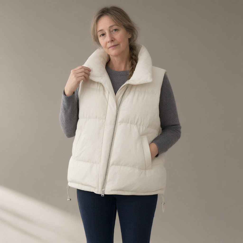 Woman wearing the short padded gilet – cream, black or mocha, full length, studio