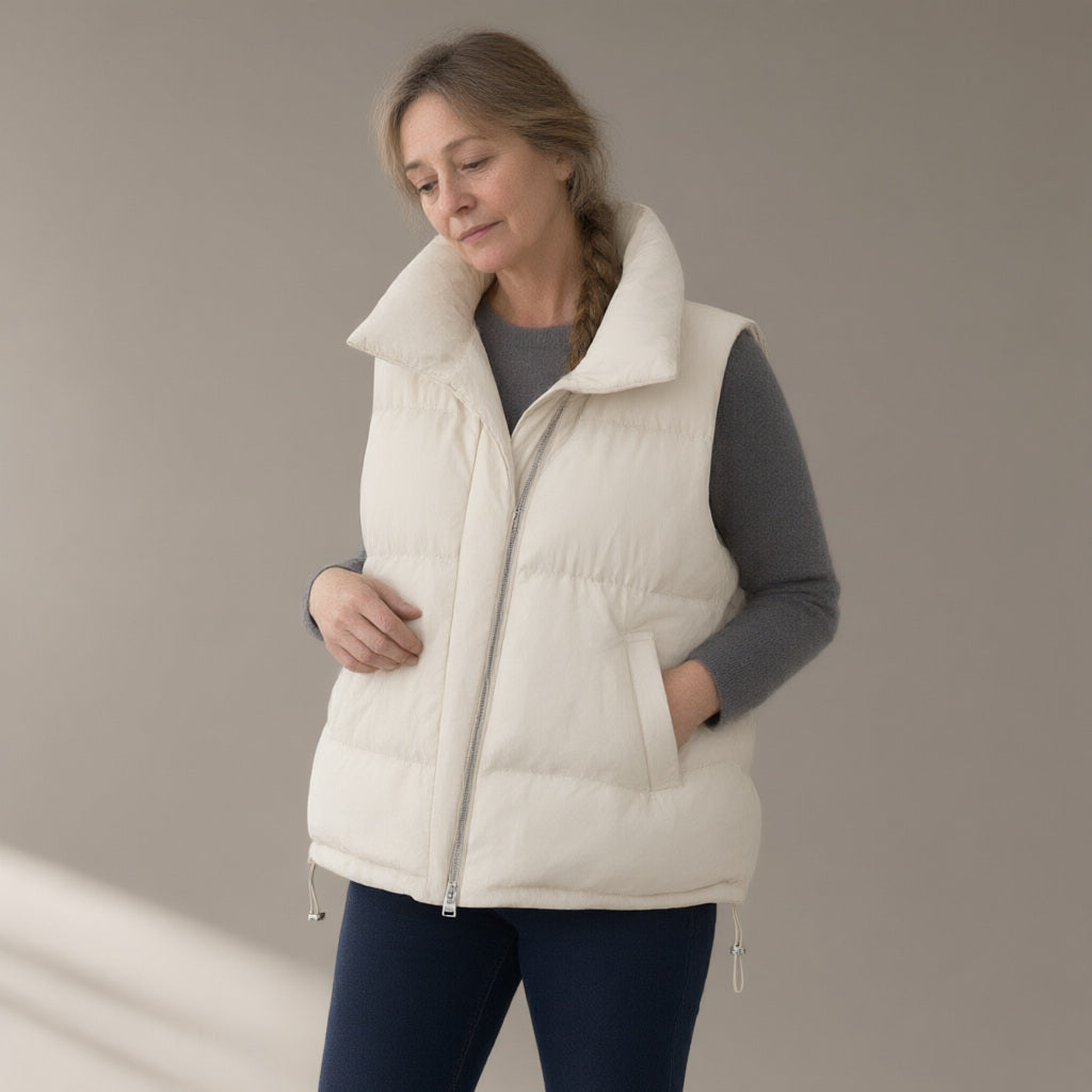 Woman wearing the short padded gilet – cream, black or mocha, three-quarter view, studio