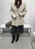 Women’s Hooded Patchwork Coat with Knit Cuffs, Tie Belt in oatmeal, front