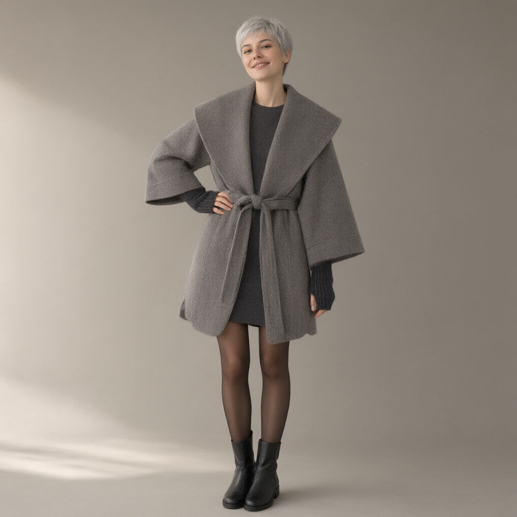 Woman wearing the hooded patchwork coat with knit cuffs, tie belt, full length, studio
