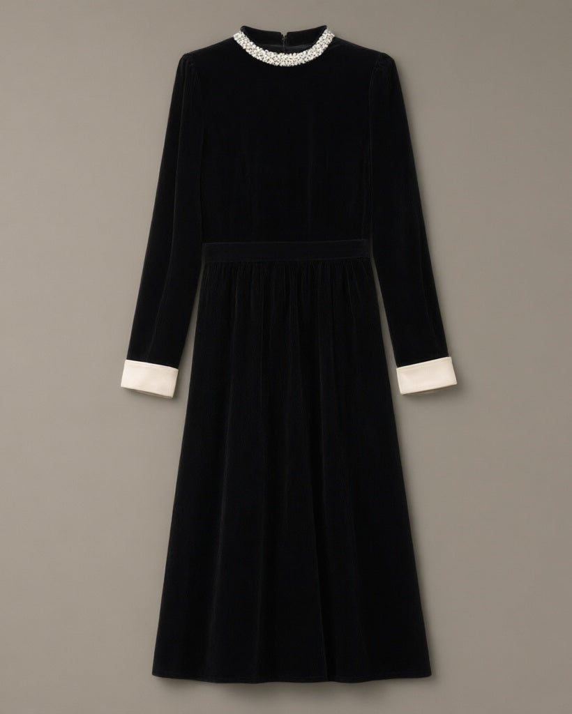 Women’s Pearl Collar Velvet Midi Dress, Long Sleeve – Black, laid flat on a stone backdrop