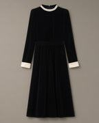 Women’s Pearl Collar Velvet Midi Dress, Long Sleeve – Black, laid flat on a stone backdrop