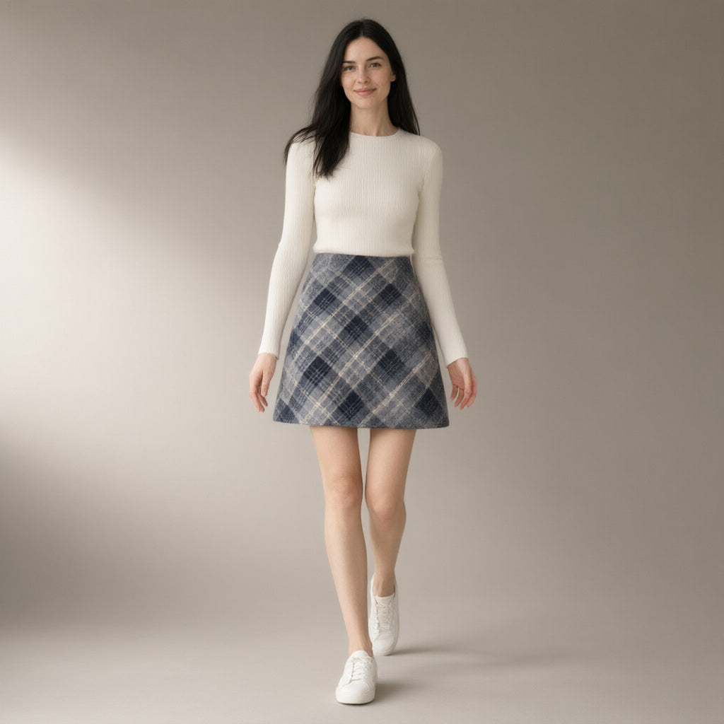 Woman wearing the plaid a-line mini skirt, brushed check weave, full length, studio