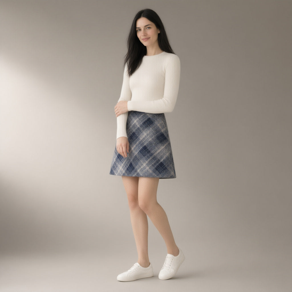 Woman wearing the plaid a-line mini skirt, brushed check weave, three-quarter view, studio