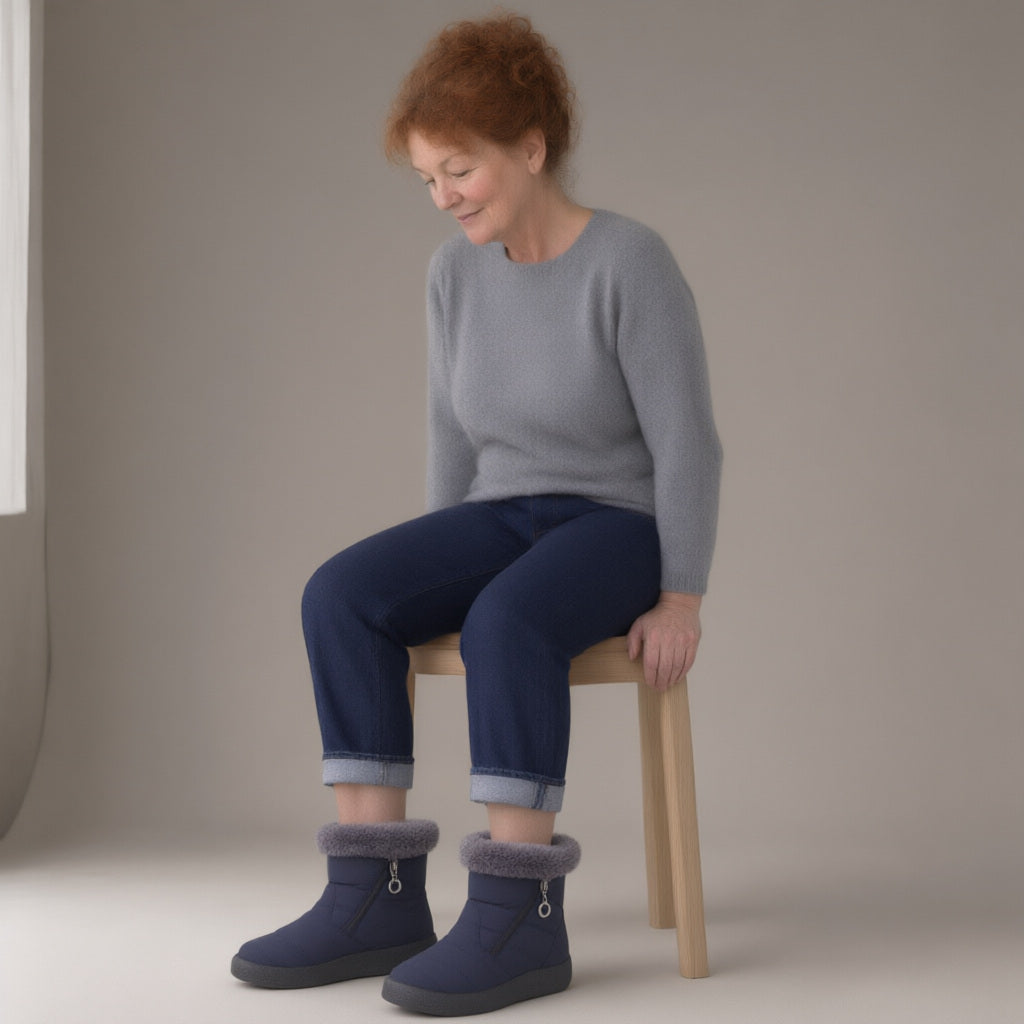Woman wearing the ankle snow boots, plush lined, three-quarter view, studio