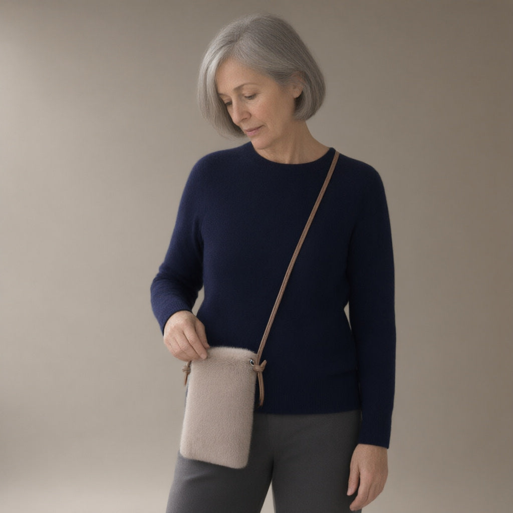 Woman wearing the plush crossbody phone bag, three-quarter view, studio