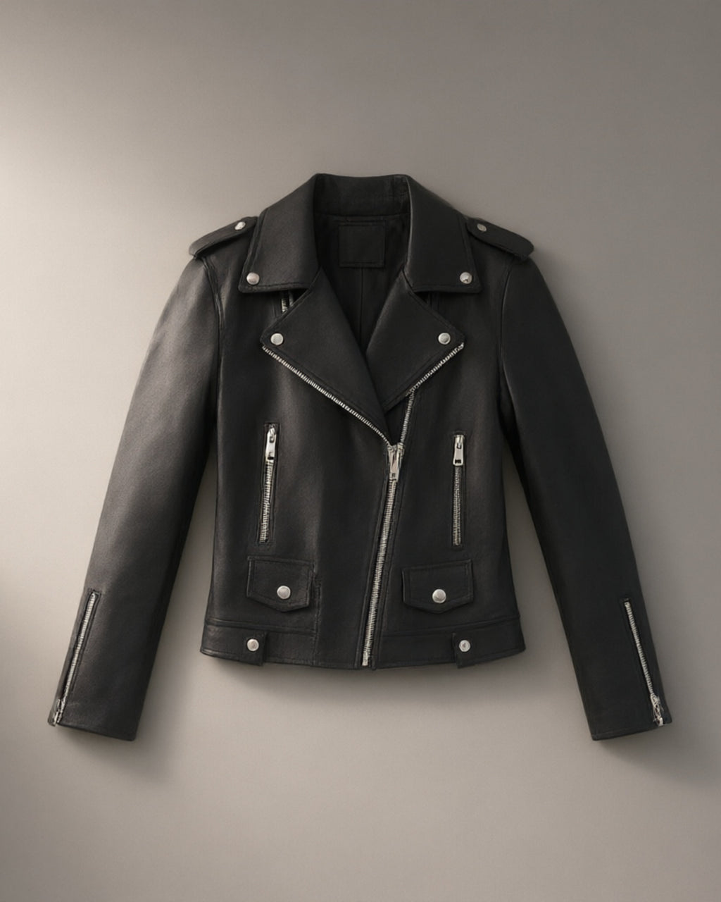 Women’s PU Biker Jacket, Short Zip-Front – Black, laid flat on a stone backdrop