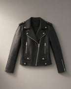 Women’s PU Biker Jacket, Short Zip-Front – Black, laid flat on a stone backdrop