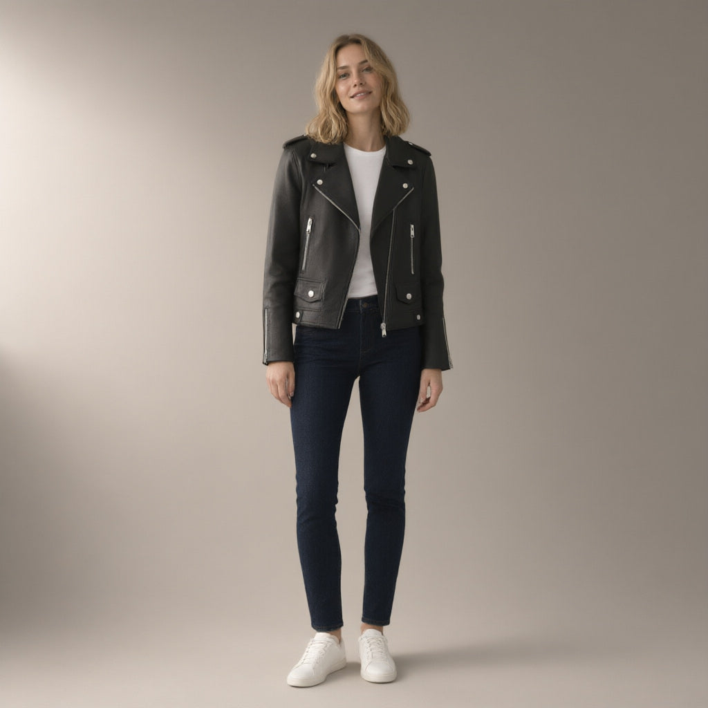 Woman wearing the pu biker jacket, short zip-front – black, full length, studio