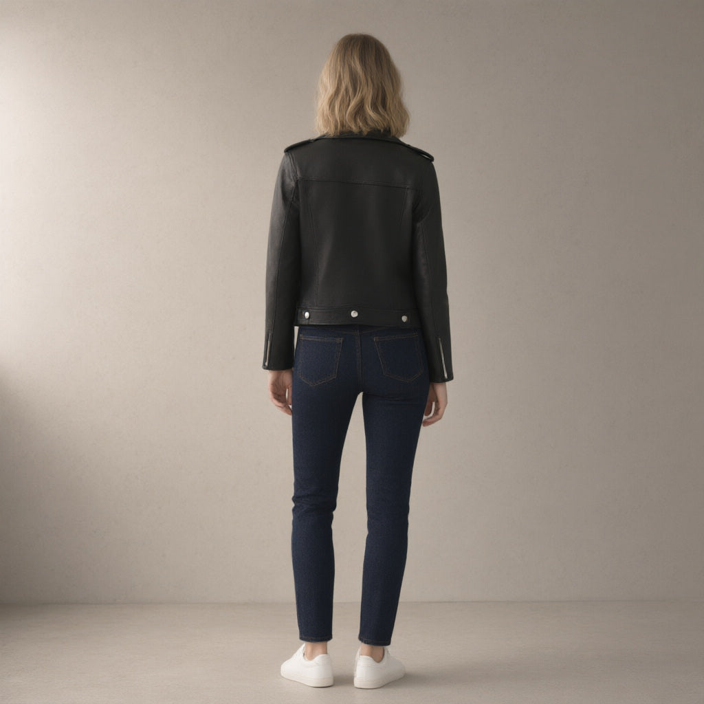 Woman seen from behind wearing the pu biker jacket, short zip-front – black, back view