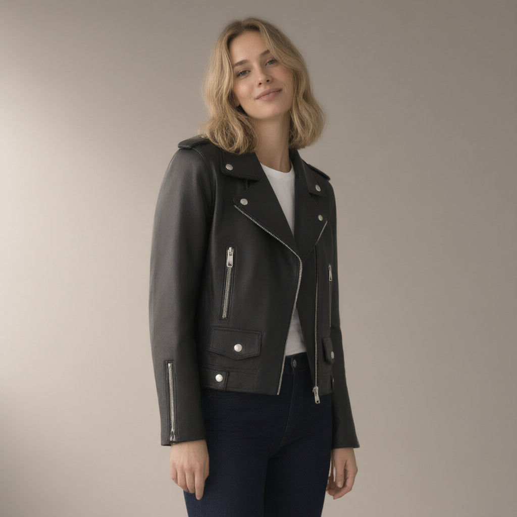 Woman wearing the pu biker jacket, short zip-front – black, three-quarter view, studio