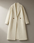 Women’s Relaxed Double-Faced Wool Coat, Wide Collar, laid flat on a stone backdrop