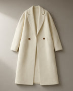 Women’s Relaxed Double-Faced Wool Coat, Wide Collar, laid flat on a stone backdrop