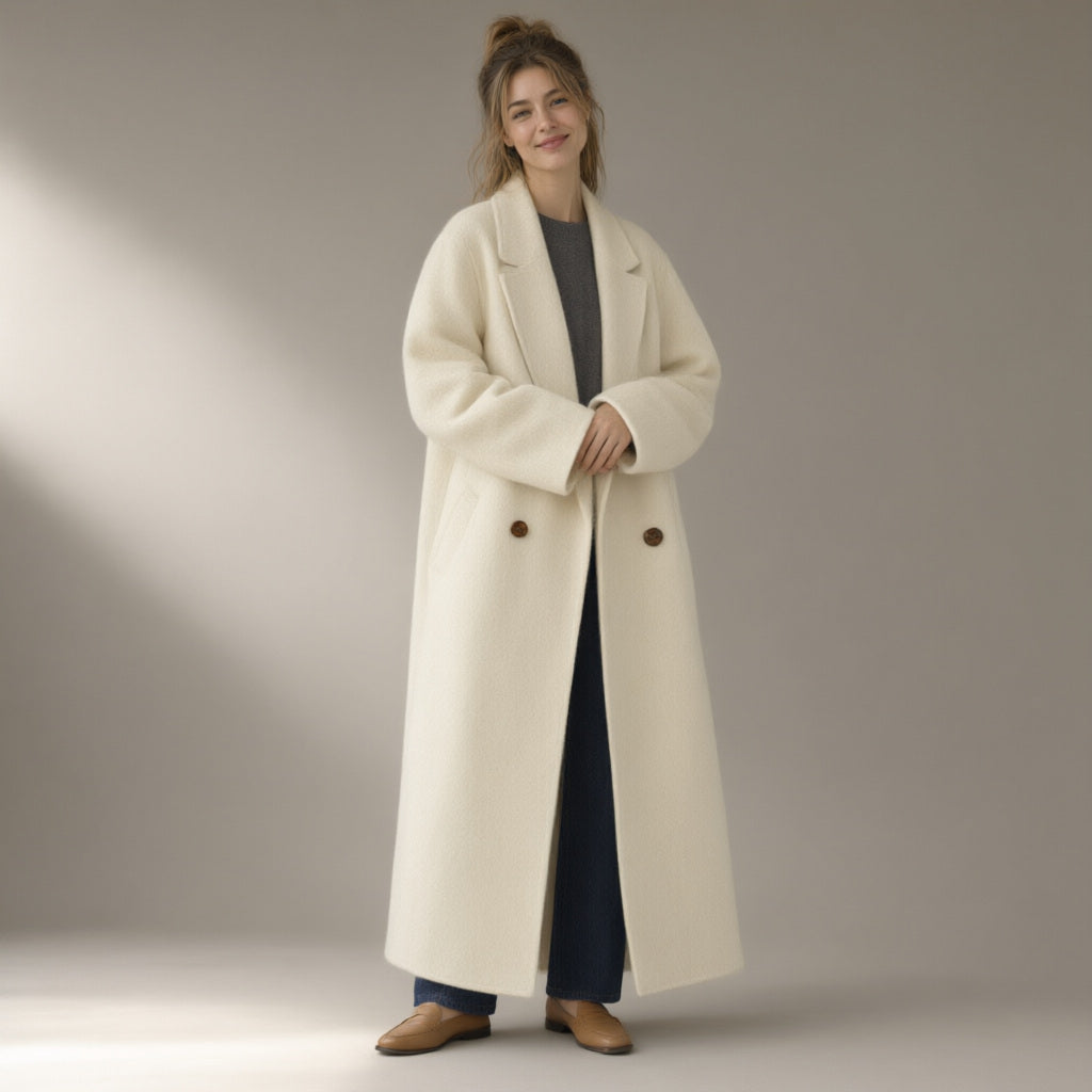 Woman wearing the relaxed double-faced wool coat, wide collar, three-quarter view, studio