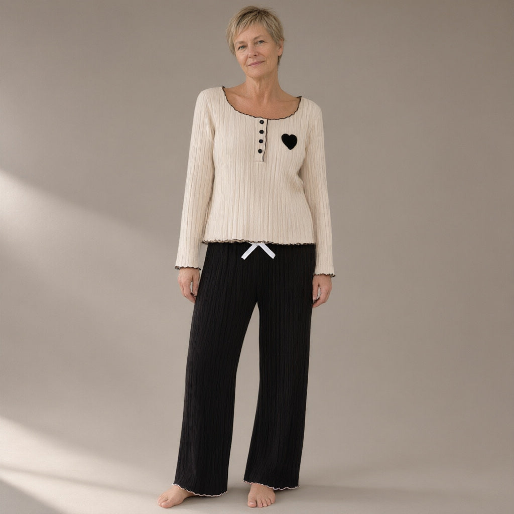 Woman wearing the ribbed knit lounge set, full length, studio