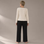 Woman seen from behind wearing the ribbed knit lounge set, back view